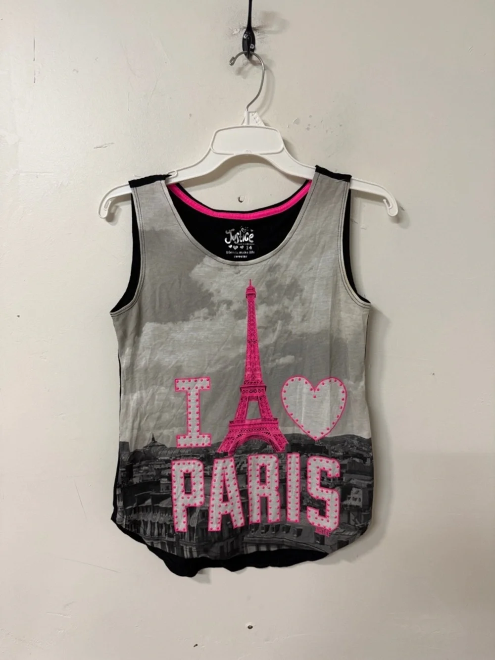 Justice Gray Tank Top with Hot Pink Eiffel Tower 'PARIS' Graphic date 2014 Y2K